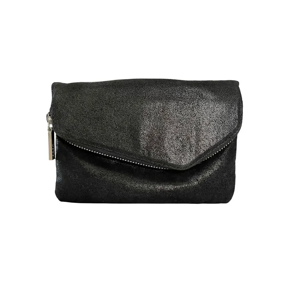 HOBO Zara Shimmering Black Metallic Leather Crossbody Evening Bag Clutch Purse
